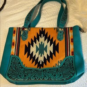 Montana West Turquoise and Yellow Aztec/Western Patterned Women's Large Tote